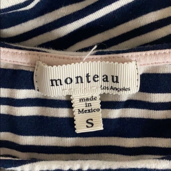 Monteau Striped 3/4 Sleeve Casual Top Navy with Pale Pink Ringer Piping at Hem - Picture 3 of 4